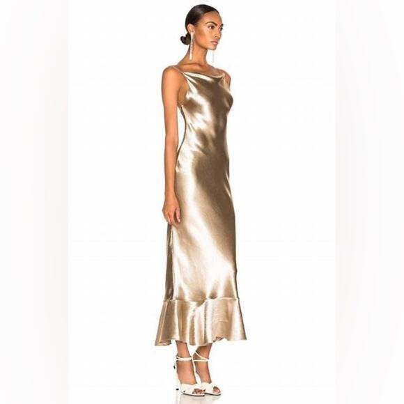 Saloni Satin Champagne Gold Backless Ruffle Hem Cowl Neck Midi Dress Size 8 - Picture 1 of 14